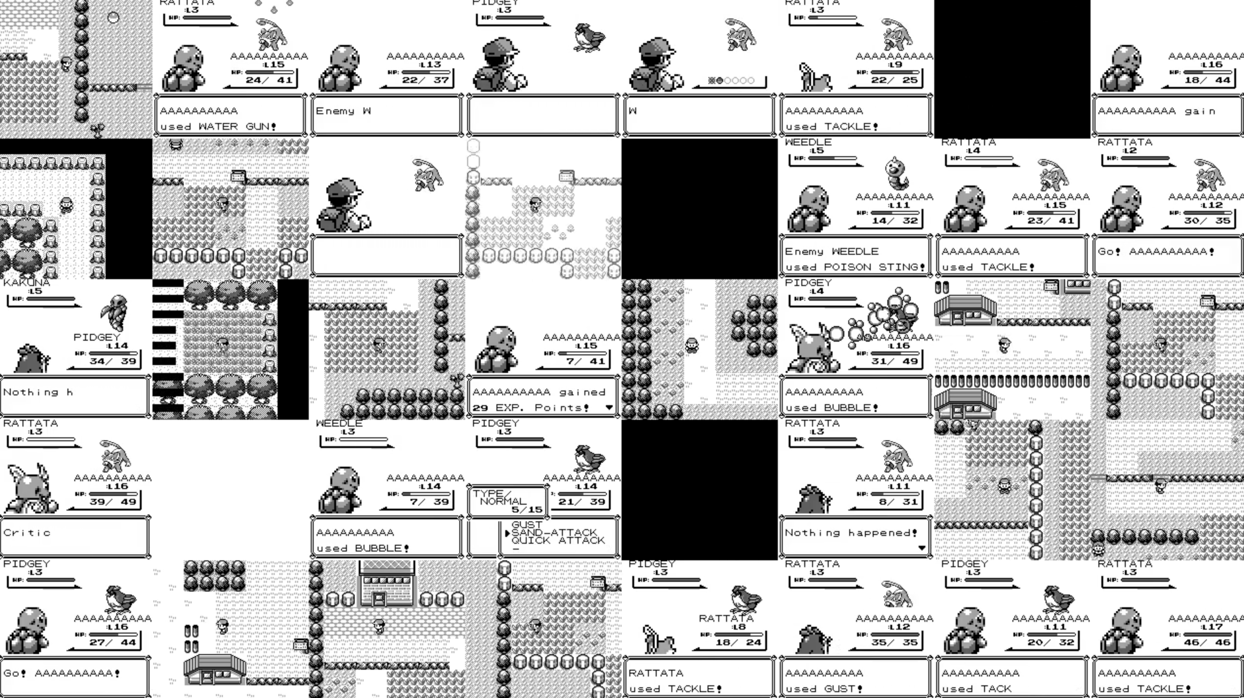 PokemonRedExperiments multi-frame gameplay montage during training. You can see wild exploration, battles, menus, and dialog mixed together — this is why Pokemon is harder to model than Atari Pong (Source: PWhiddy/PokemonRedExperiments assets/grid.png)