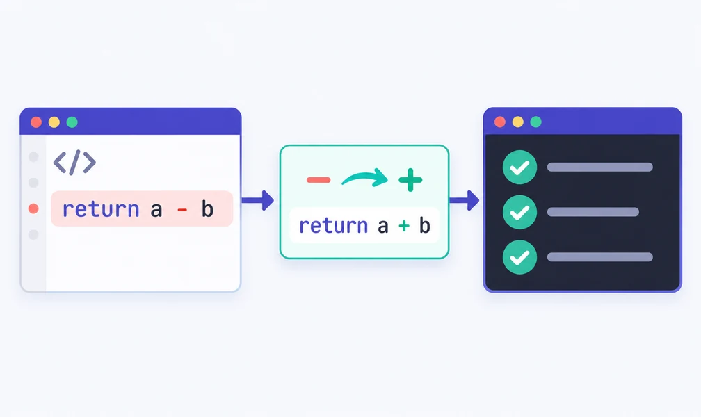 Code Agent · Task illustration · Find a bug · Patch the code · Run tests