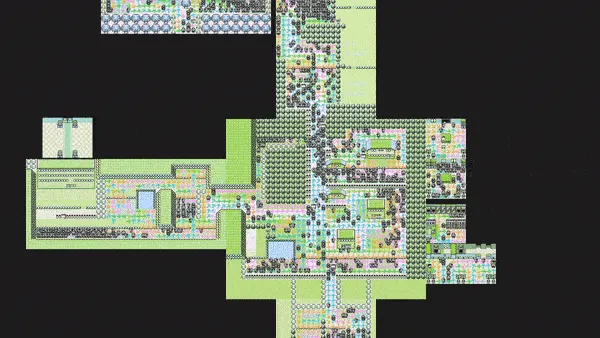 Agent's explored map mosaic from PokemonRedExperiments. Black areas are unexplored or unreachable; colored areas show progressively expanding accessible map during training (Source: PWhiddy/PokemonRedExperiments assets/poke_map.gif)