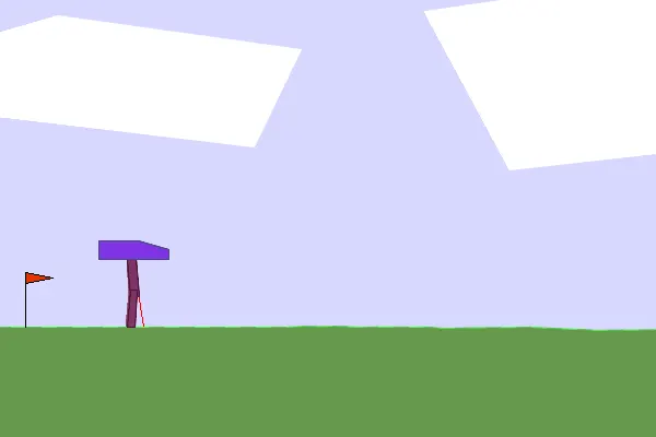 BipedalWalker A2C 2M steps: occasionally walks but highly unstable, return 263.8