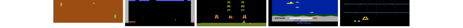 五个 Atari 画面把抽象的状态、动作与回合落到智能体实际接收的逐帧观测上。