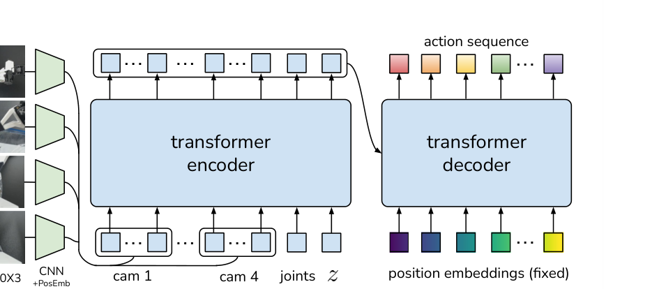 ACT 的 CVAE 编码器、Transformer 编解码器与动作查询共同生成动作块。